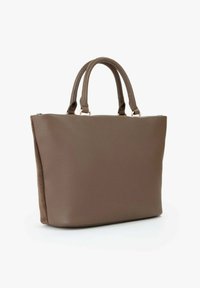 Borsa a tote in pelle marrone con superficie testurizzata, due manici e forma strutturata. Presenta dettagli in metallo color oro.