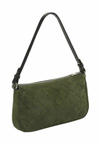 Mała oliwkowo-zielona torebka z zamszu z czarnym regulowanym paskiem na ramię, srebrnym zamkiem błyskawicznym i subtelnym wzorem tekstu.