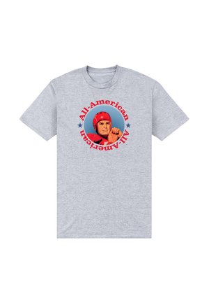 Graues T-Shirt mit einer Grafik eines Footballspielers in rotem Helm und Schulterpolstern, umgeben von rotem Text mit der Aufschrift "All-American".