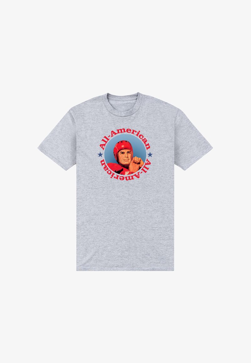 Szara koszulka z nadrukiem zawodnika futbolu amerykańskiego w czerwonym hełmie i ochraniaczach na ramiona, otoczona czerwonym napisem "All-American".