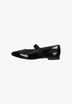 Schwarze Lackleder-Ballerina mit spitzem Zehenbereich, einem Riemen über dem Fußrücken und niedrigem Absatz. Glatte Textur mit glänzendem Finish.