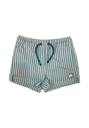 Costume da bagno a righe verticali azzurro chiaro e bianco con coulisse verde e piccolo logo sulla gamba sinistra anteriore.