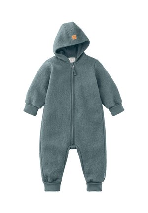Weicher blau-grauer Baby-Jumpsuit mit Kapuze, langen Ärmeln, gerippten Bündchen und Reißverschluss vorne.