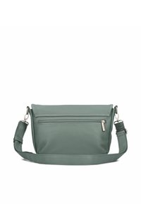 Grüne Leder-Crossbody-Tasche mit glatter Textur, ausgestattet mit einer vorderen Reißverschlusstasche und einem verstellbaren Schultergurt. Minimalistisches Design und rechteckige Form.
