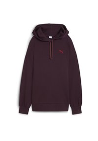 Felpa con cappuccio viola realizzata in un tessuto testurizzato. Presenta una tasca a marsupio frontale e il logo Puma rosso sul petto. Dettagli con cordino.