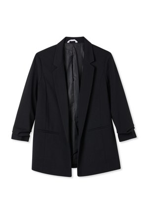 Blazer nero a maniche lunghe con collo a rever e due tasche frontali, mostrato aperto con fodera interna liscia visibile, su sfondo bianco.