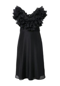 Robe noire avec un col volanté, un buste ajusté et une jupe fluide. Fabriquée en tissu léger avec une texture lisse. Fermeture éclair au dos.