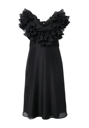 Schwarzes Kleid mit einem Rüschenausschnitt, taillierter Passform und fließendem Rock. Aus leichtem Stoff mit glatter Textur. Reißverschluss hinten.