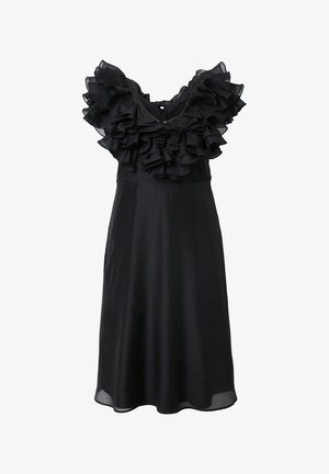 Černé šaty s volánovým výstřihem, přiléhavým korzetem a splývavou sukní. Vyrobené z lehké tkaniny s hladkou texturou. Zapínání na zip vzadu.