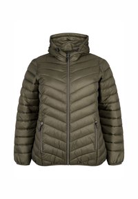 Olivgrön puffjacka med en åtsittande huva, chevronkviltning, två blixtlåsfickor på sidorna och en framfickslås. Slät textur.