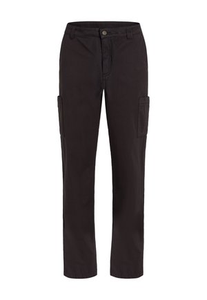 Pantalons cargo noirs avec une coupe droite, dotés de poches latérales et d'une fermeture à bouton. Fabriqués à partir d'un tissu résistant, finition soignée.