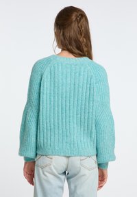 Maglione lavorato a maglia di un blu chiaro con una texture a coste, caratterizzato da maniche oversize e un collo arrotondato. Indossato con pantaloni in denim chiaro.