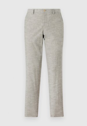 Pantalon gris clair en tissu texturé, avec une taille plate, une fermeture éclair et un bouton unique. Coupe ajustée, jambes droites.
