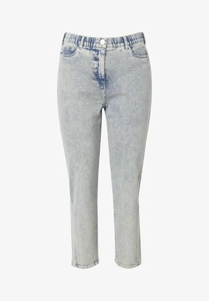 Svetlomodré džínsy s mierne vyblednutým odtieňom, so sťahovacím pásom a rovný strih. Obsahujú dve predné vrecká.