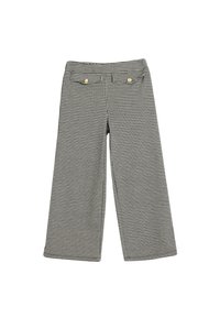 Weite Hosen mit einem schwarz-weißen Hahnentrittmuster. Sie haben eine taillierte Taille und zwei goldfarbene Knöpfe auf der Vorderseite.