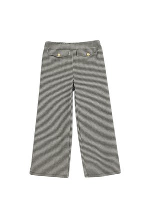 Pantalons évasés en motif pied-de-poule noir et blanc. Dotés d'une taille ajustée et de deux boutons dorés à l'avant.