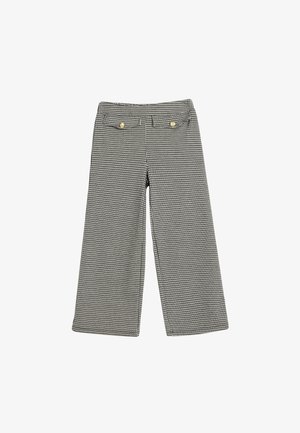 Weite Hosen mit einem schwarz-weißen Hahnentrittmuster. Sie haben eine taillierte Taille und zwei goldfarbene Knöpfe auf der Vorderseite.
