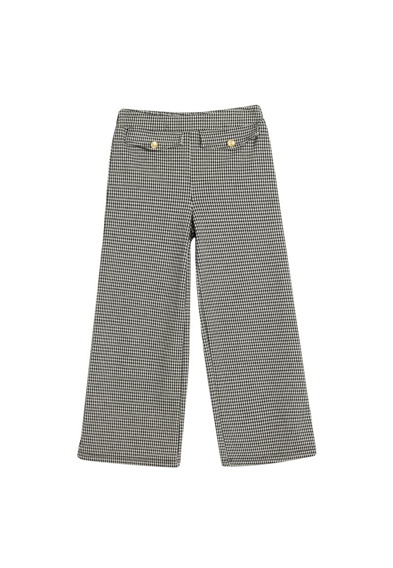 Weite Hosen mit einem schwarz-weißen Hahnentrittmuster. Sie haben eine taillierte Taille und zwei goldfarbene Knöpfe auf der Vorderseite.
