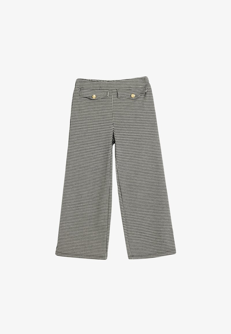 Szerokie spodnie w czarno-białą kratę houndstooth. Posiadają dopasowaną talię oraz dwa złote guziki z przodu.