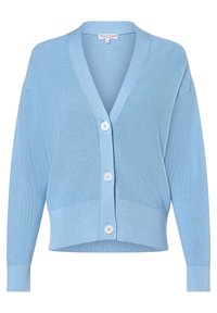Jasnoniebieski dziergany kardigan z dekoltem w serek, pięcioma guzikami i prążkowanymi mankietami. Krój luźny, z krótkim zakończeniem.