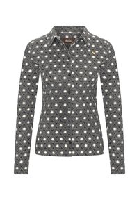 Camicia button-up con un motivo in bianco e nero di forme a raggi di sole, maniche lunghe e colletto classico. Il materiale sembra leggero.