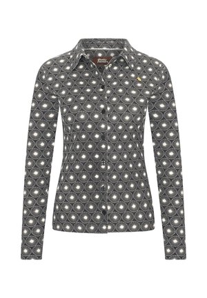 Button-up shirt featuring a black and white pattern of sunburst shapes, long sleeves, and a classic collar. Material appears lightweight.