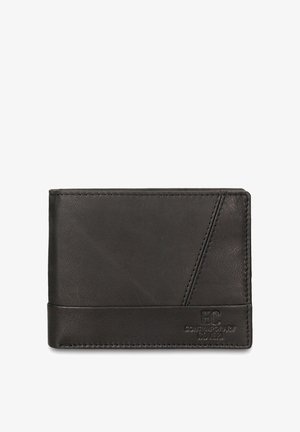 Portafoglio in pelle nera dal design minimalista, con motivo diagonale testurizzato, logo in rilievo e dettagli lisci a contrasto.