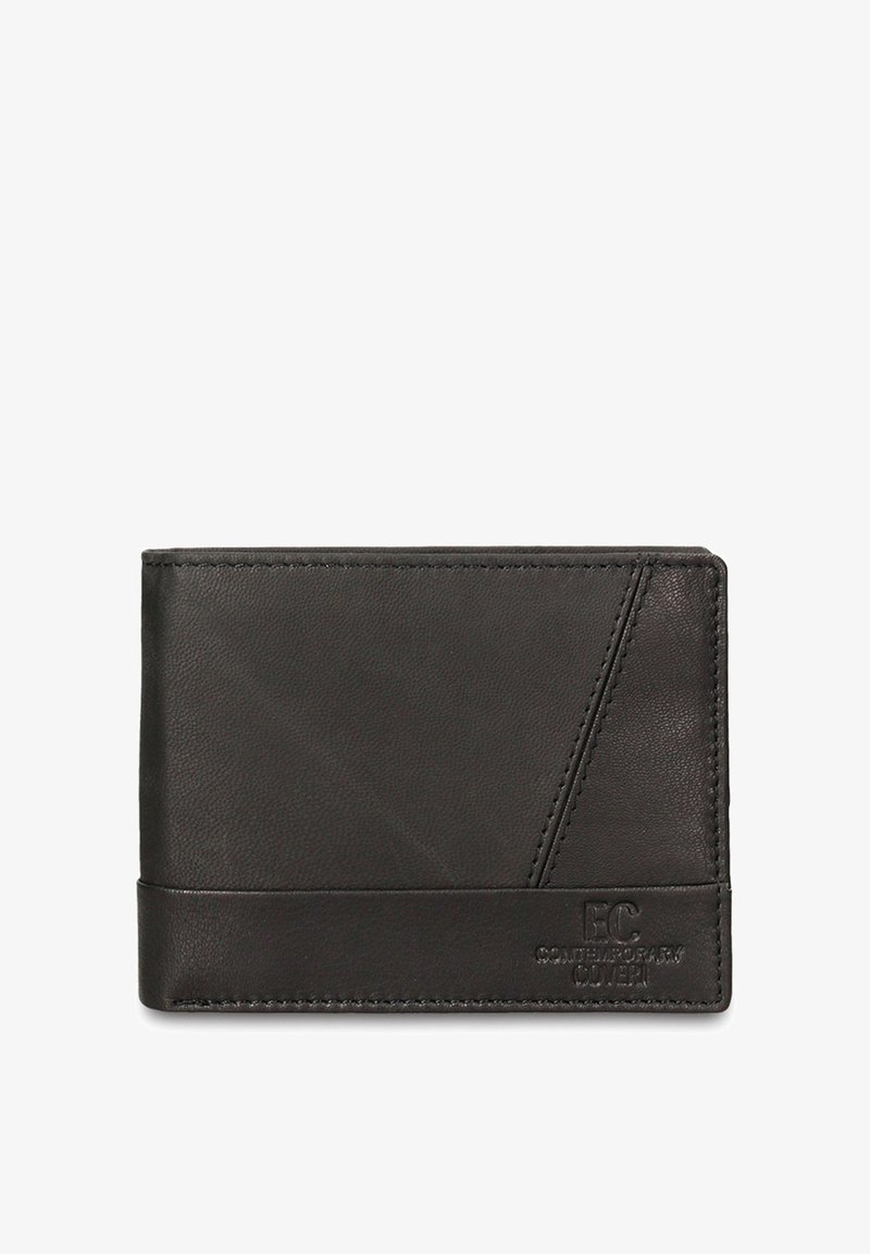 Zwarte leren portemonnee met een minimalistisch ontwerp, voorzien van een diagonale textuur, een reliëflogo en contrasterende gladde accenten.