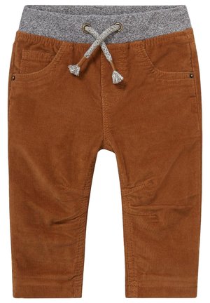 Brune babybukser i kordfløjl med gråt elastikbånd i taljen og hvid snøre, med forlommer og syninger ved knæene.