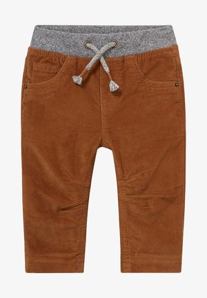 Braune Cordhosen für Kleinkinder mit grauem elastischem Bund und weißem Kordelzug, mit Vordertaschen und gesteppten Kniedetails.
