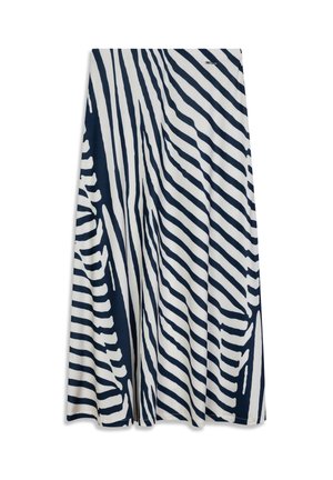 Jupe à rayures bleu marine et blanc en tissu doux, avec une coupe évasée, des largeurs de rayures variées et un léger éclat.