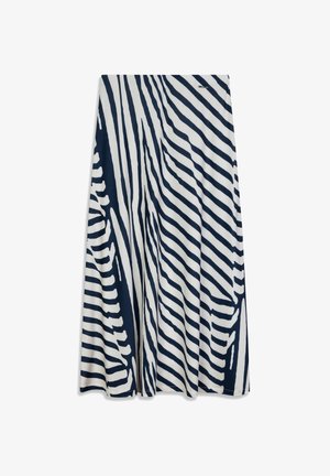 Modrá námornícka a biela sukňa s pruhmi, vyrobená z jemnej látky, s rozšíreným strihom, rôznou šírkou pruhov a jemným leskom.