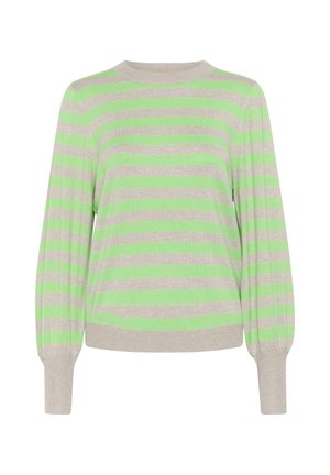 Pull en vert et gris rayé avec un col rond et des manches longues bouffantes. Fabriqué à partir d'un matériau tricoté doux et léger.