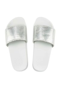 Silver slide sandals with a cracked metallic finish, featuring wide straps and white rubber soles, designed for casual wear.
