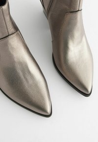 Metalliseeritud nahast püksised ankle boots terava mütsiga, millel on tekstuuriga viimistlus ja peened õmblusdetailid, seisavad mustal tallal.