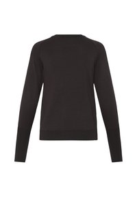 Pull noir à manches longues avec poignets, bas et col rond côtelés, montré de dos.