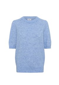 Hellblaues kurzärmliges Sweatshirt mit rundem Ausschnitt. Weicher, strukturiertes Material mit einem dezenten Melange-Muster und gerippten Bündchen und Saum.