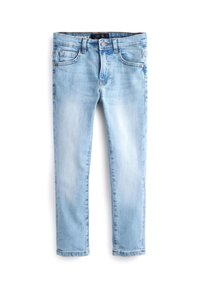 Jean denim slim bleu clair avec fermeture bouton et fermeture éclair, design cinq poches et passants de ceinture, présenté à plat sur fond blanc.