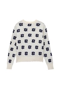 Suéter de punto en crema con patrones florales en azul marino, cuello redondo, puños y dobladillo acanalados, y textura suave. Presenta un corte holgado.