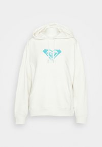 White hoodie with a drawstring hood, front kangaroo pocket, and turquoise diamond heart logo. Soft fabric and ribbed cuffs.
