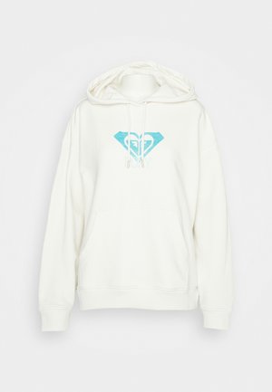 White hoodie with a drawstring hood, front kangaroo pocket, and turquoise diamond heart logo. Soft fabric and ribbed cuffs.