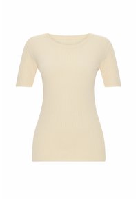 Camiseta de punto acanalado en crema, de manga corta, con escote redondo y silueta ajustada, que destaca por su textura suave y material ligero.