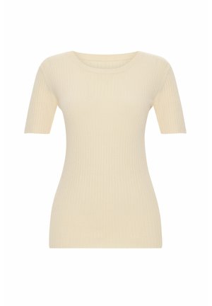 Kremowy, prążkowany top z krótkim rękawem o okrągłym dekolcie i dopasowanym kroju, prezentujący miękką teksturę i lekką tkaninę.
