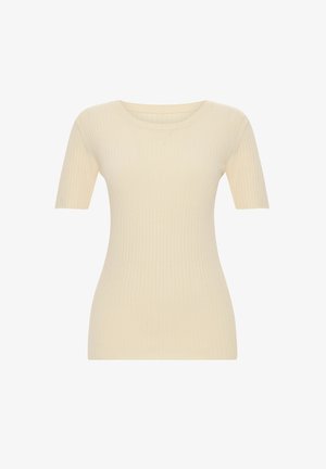Kremowy, prążkowany top z krótkim rękawem o okrągłym dekolcie i dopasowanym kroju, prezentujący miękką teksturę i lekką tkaninę.