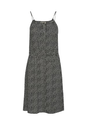 Black dress with white floral pattern, adjustable spaghetti straps, gathered waist, and flowy fabric. Mid-length design.