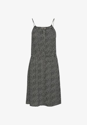 Mustmust valge lillemustriga, reguleeritavad õhkjad rihmad, kokku volditud vöökoht ja voolav kangas. Keskmise pikkusega disain.