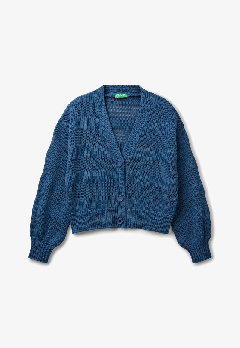 Blue knitted cardigan with a V-neck, button closure, and balloon sleeves. Textured horizontal stripes and ribbed hem and cuffs.