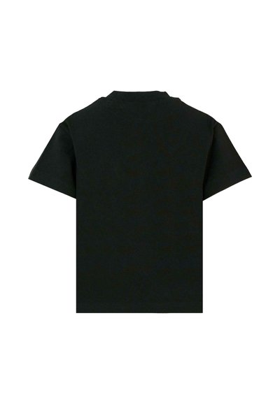 T-shirt noir à manches courtes vu de dos avec un col rond sur fond blanc.