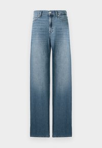 Jeans ampi di colore azzurro chiaro realizzati in denim, con vita alta, design a cinque tasche e leggera scoloritura lungo le gambe.