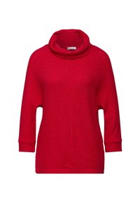 Maglione rosso con collo a cowl, maniche a tre quarti e tessuto texturizzato a coste. Vestibilità casual e ampia, adatta per essere indossato a strati.